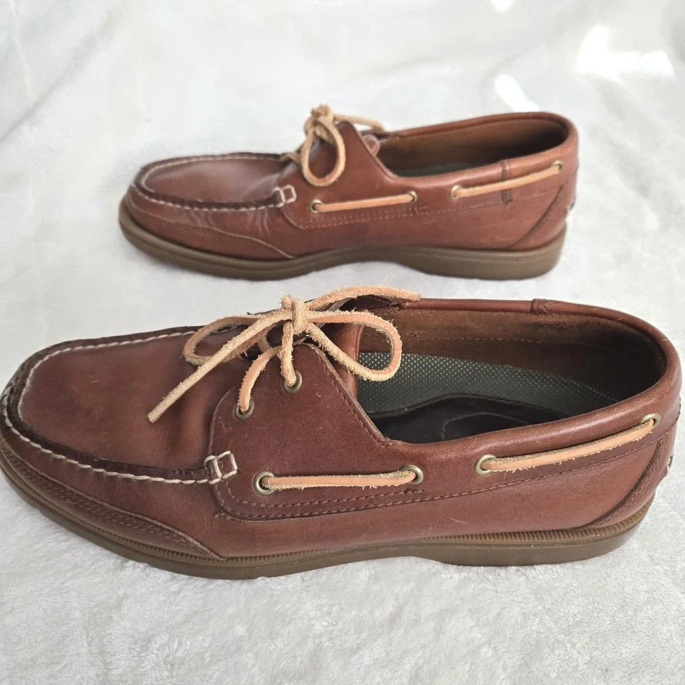 Frye-ROCKPORT Colab Mens Boat Shoes Size 9W‎ Leather Brown Rawhide Ties Nautical
